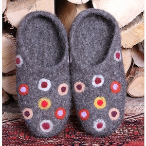 Fair Trade Womens Felt Slippers, Hand Felted Slippers, Multi Coloured Spots. Womens Handmade Wool Slippers with Suede Sole, Warm, Toasty image 1