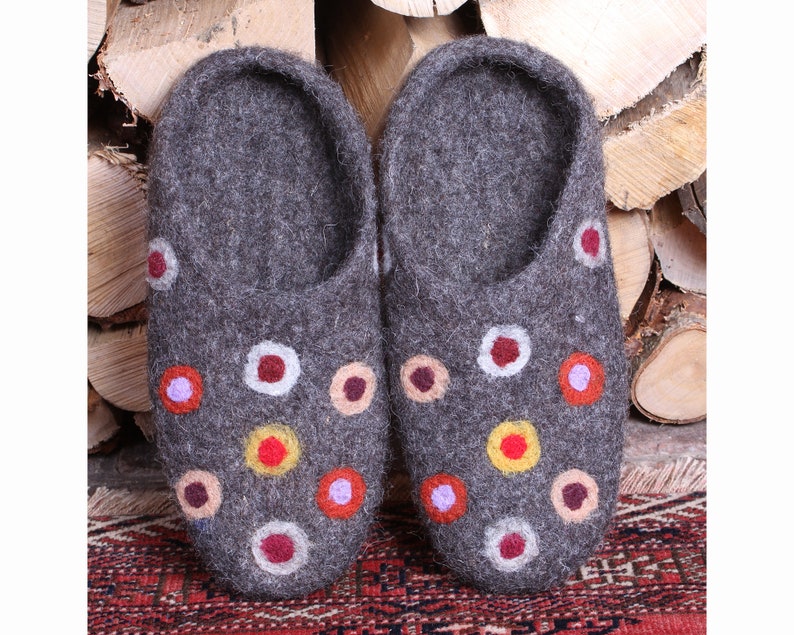 Fair Trade Womens Felt Slippers, Hand Felted Slippers, Multi Coloured Spots. Womens Handmade Wool Slippers with Suede Sole, Warm, Toasty image 1