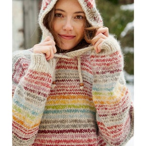 Women's Wool Hoody - Mohair  - Rainbow Design - Handknitted Hoody - Sustainable fashion - Pachamama - Retro