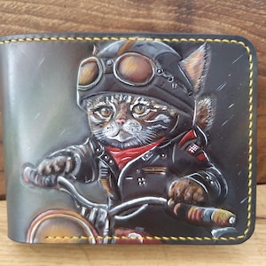 Cartera Biker Cat Cartera de cuero plegable Cartera de cuero repujado