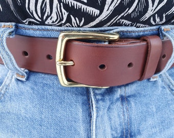brown leather belt, solid brass buckle