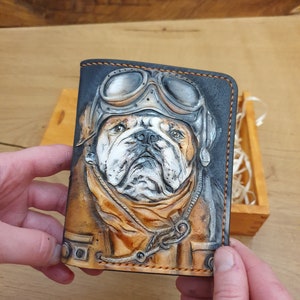 carteira de motociclista buldogue, carteira de couro com estampa de cachorro