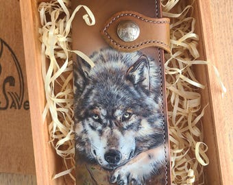 Hand Tooled Wolf Leather Wallet - Made to Order