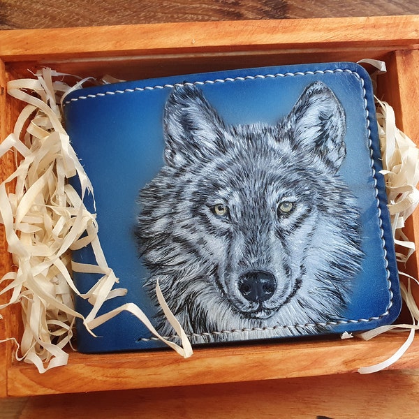wolf carved wallet, tooled leather bifold, wolf embossed wallet