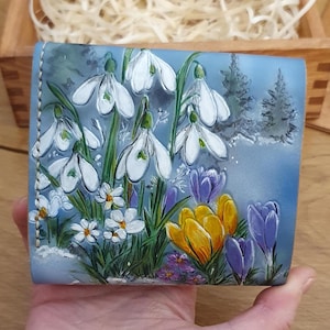 Cartera de flores de primavera, cartera pequeña de piel, cartera de azafranes