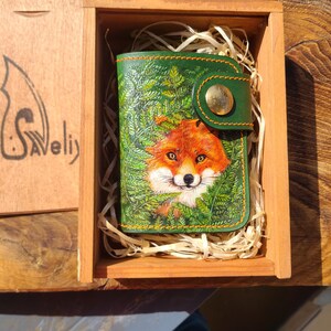 Handmade leather fox wallet – hand painted & embossed green wallet with coin concho