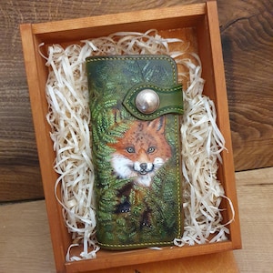 Cartera de piel con relieve de zorro, cartera larga con zorro