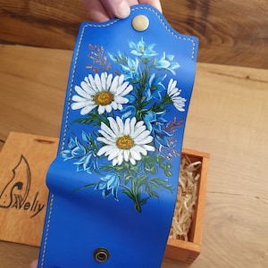 Cartera de flores azules, cartera pequeña de piel, cartera de margaritas