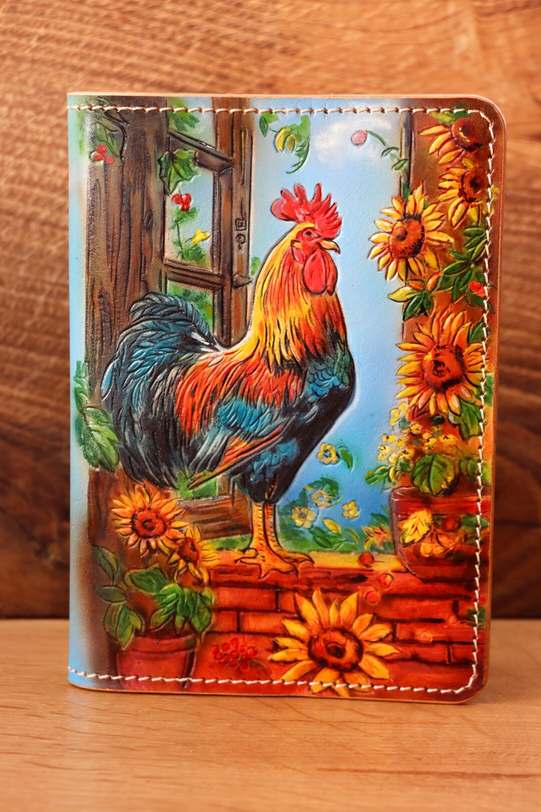 Handmade Veg Tan Leather A6 Notebook Cover – Rooster & Sunflowers - Etsy