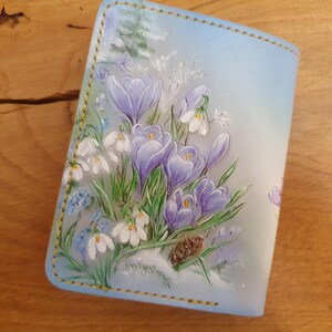 carteira com ferramentas de pássaros e flores, carteira de primavera, carteira pequena para mulher, carteira de açafrões e gotas de neve