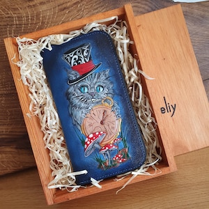 Cartera de piel repujada con cremallera, gato de Cheshire, cartera de Alicia en el país de las maravillas