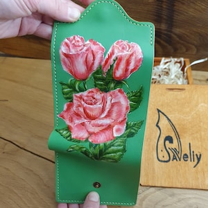 Cartera de flores verdes, cartera pequeña de cuero, cartera rosa