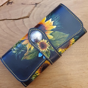 Cartera de piel hecha a mano con diseño de girasol para mujer