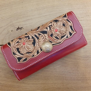 Rustic Hand-Tooled Leather Long Wallet