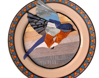 Bluebird in flight, Upcycled mosaic on vintage porcelain plate, nature art for cottage, garden decor