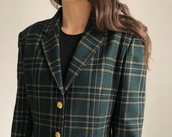 Vintage plaid wool blazer jacket Dark Green single breasted S/M size