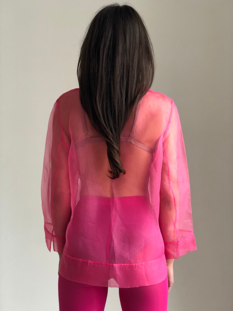 Vintage organza blouse top Pink sheer blouse button up long sleeve collared See through shirt women SM size