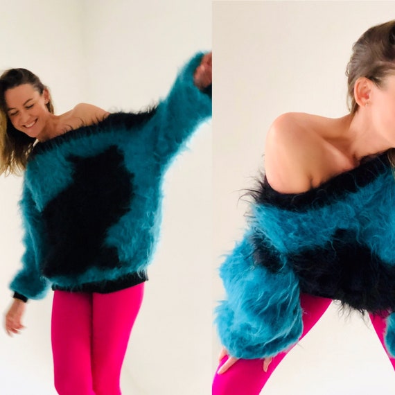 Vintage fluffy mohair knit sweater boat neck Teal