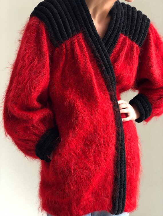 Vintage fluffy mohair knit cardigan 80s Red Fuzzy