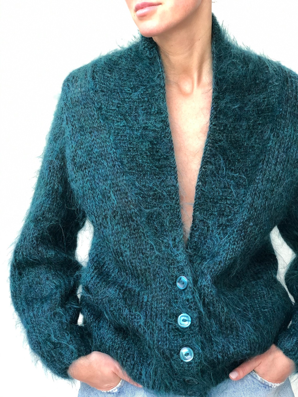Vintage fluffy mohair knit cardigan Turquoise fuzzy cardigan Etsy