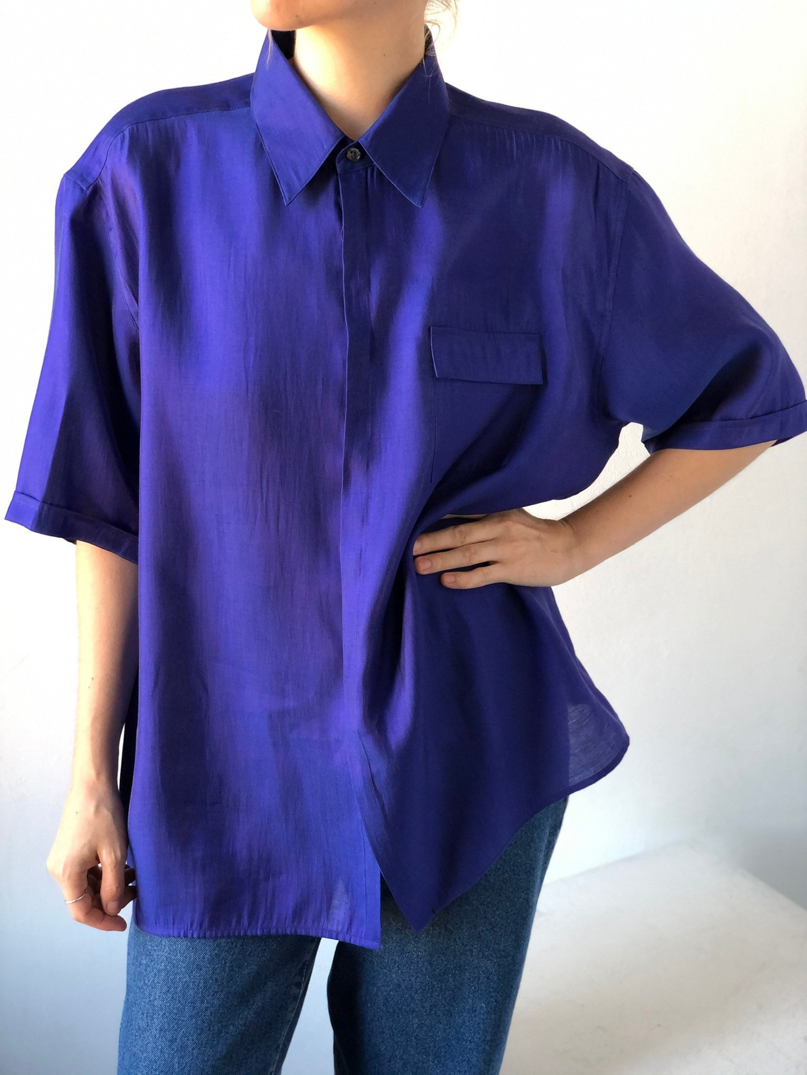 Vintage Purple button down shirt short sleeve Iridescent Etsy