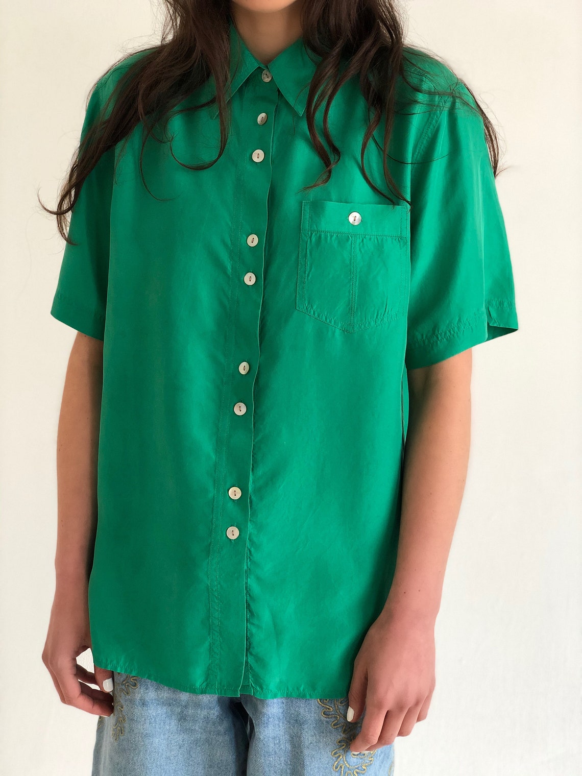kelly green silk shirt