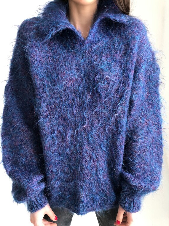 Vintage Fluffy mohair knit sweater collared Purple