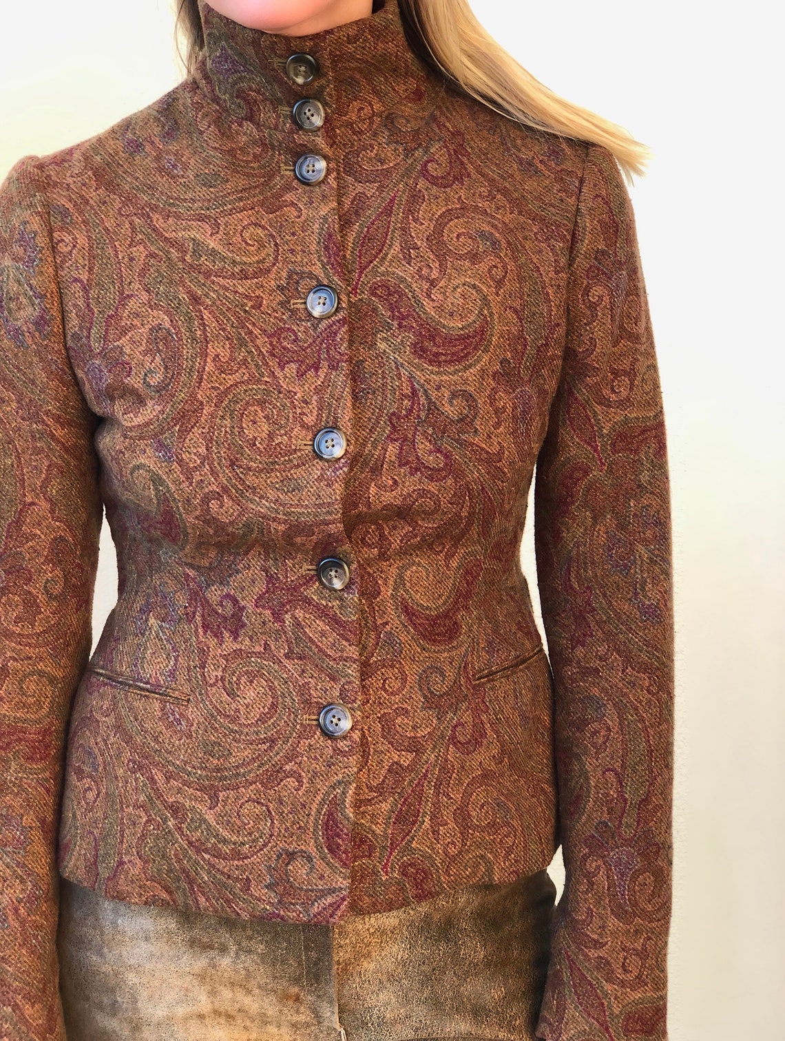 Vintage Ralph Lauren paisley jacket wool silk Brown Cropped Etsy