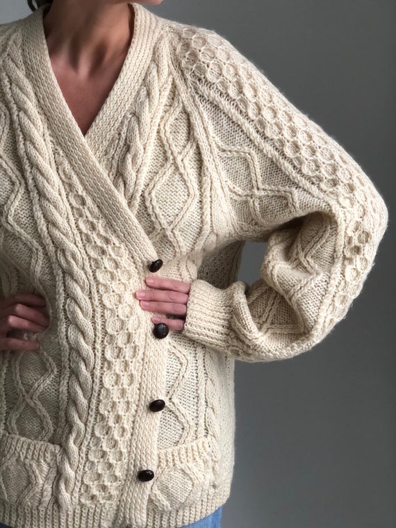 Vintage cable knit wool cardigan Creme White Irish