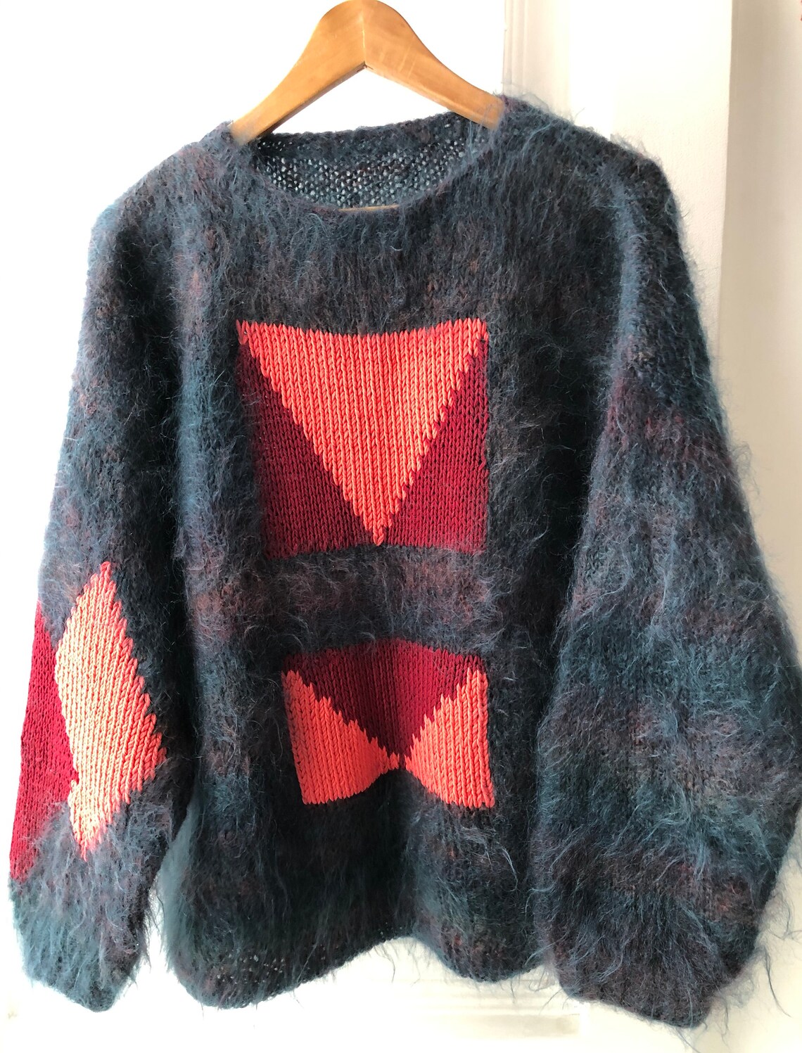 Vintage fluffy mohair knit sweater Geometric pattern Fuzzy Etsy