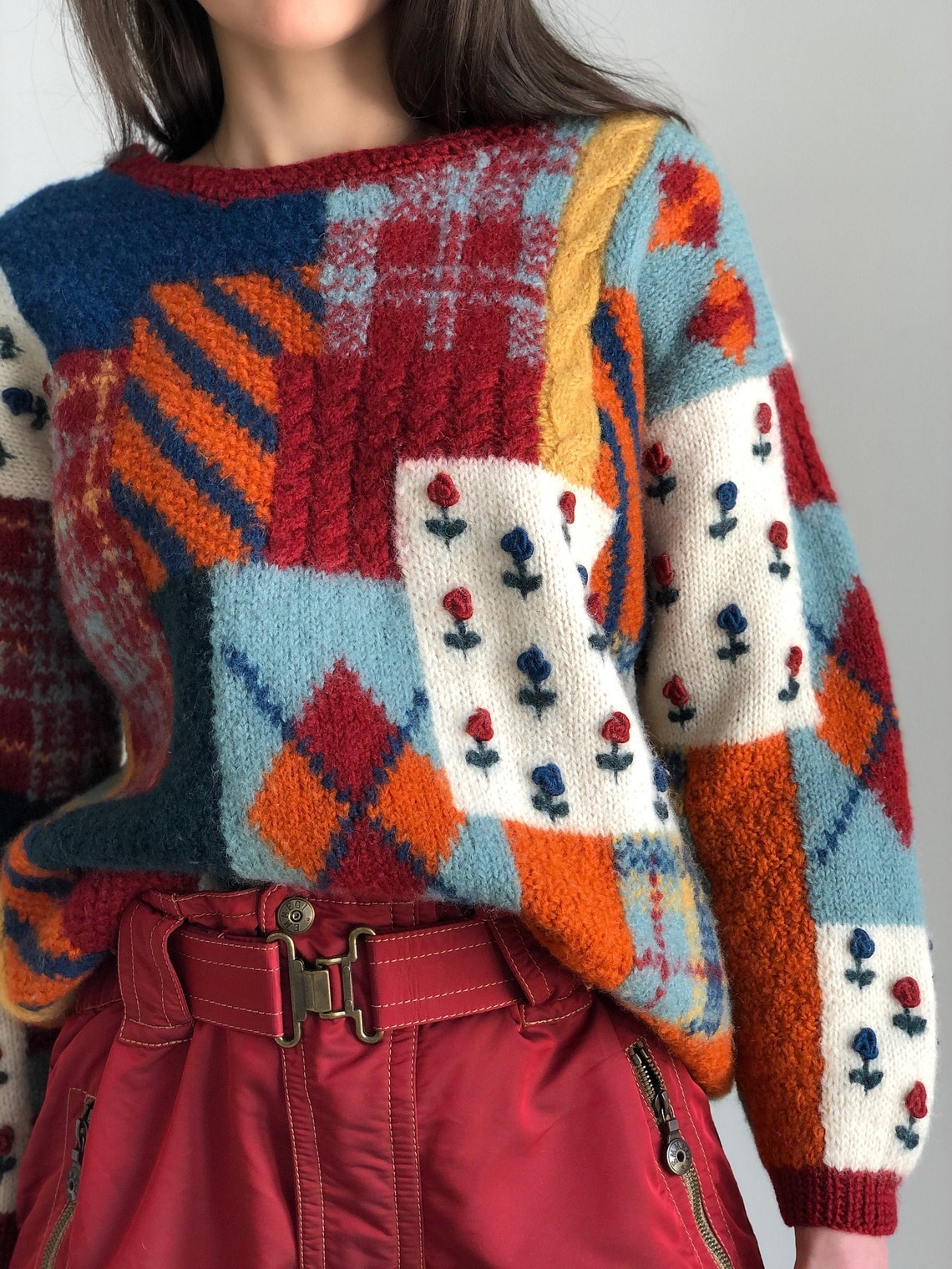Vintage Patchwork hand knit sweater wool Cottagecore colorful Etsy