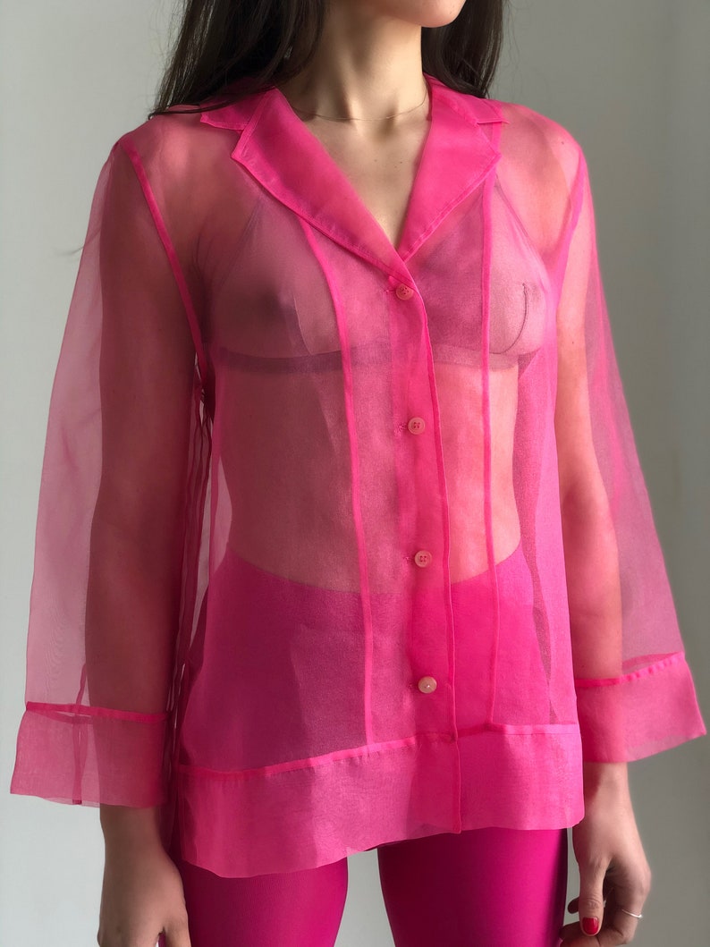 Vintage organza blouse top Pink sheer blouse button up long sleeve collared See through shirt women SM size