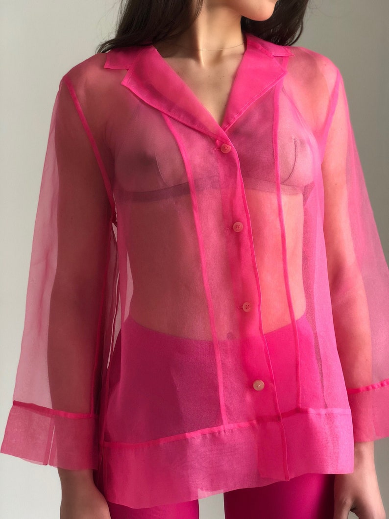 Vintage organza blouse top Pink sheer blouse button up long sleeve collared See through shirt women SM size