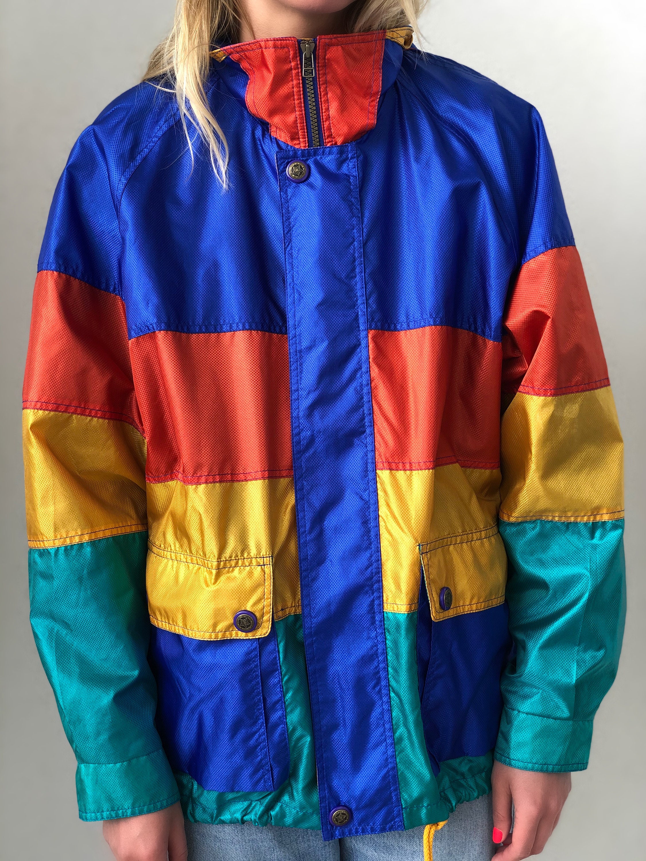 Vintage 90s colorful fullzip windbreaker with hood y2k track Etsy