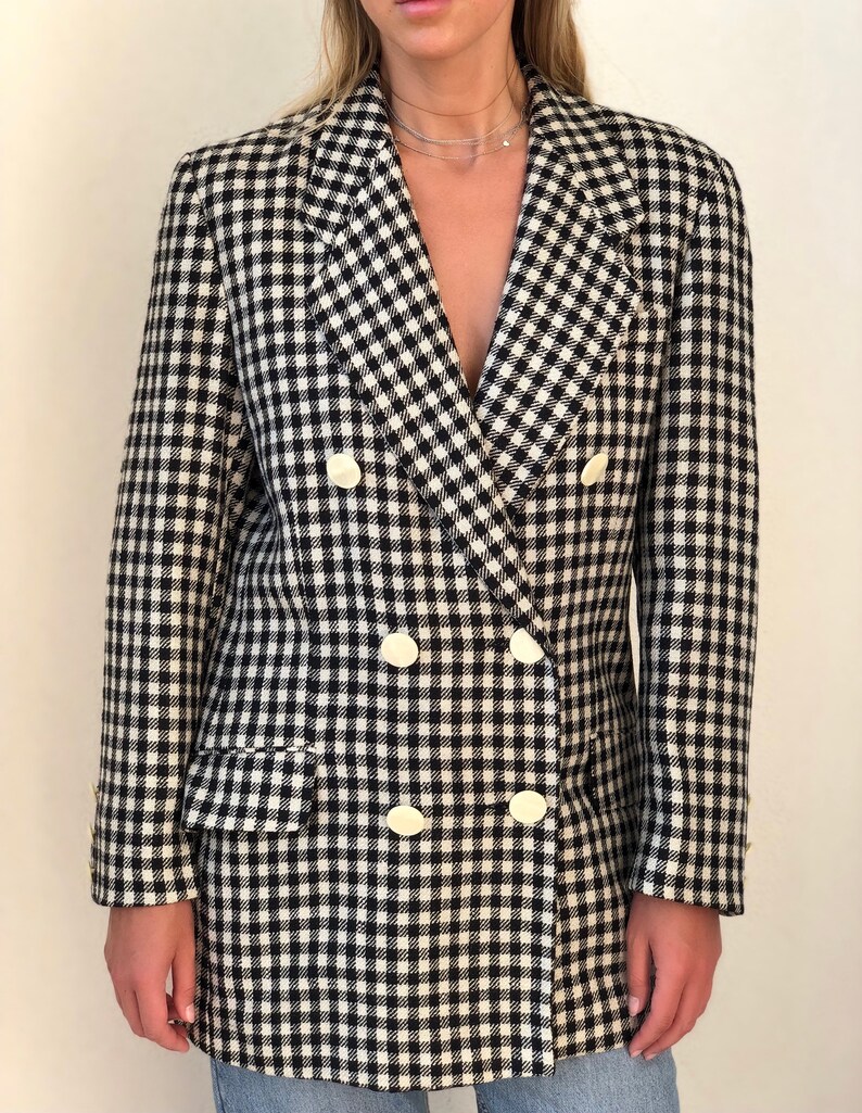 Vintage Black and white checkered long blazer Double breasted Etsy