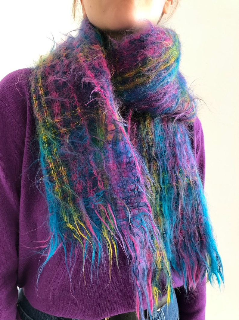 Vintage mohair scarf Scottish fuzzy mohair colorful scarf Etsy