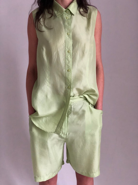 Vintage silk 2 pieces set Pistachio sleeveless shi