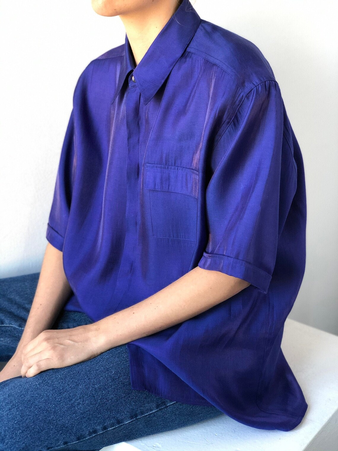 Vintage Purple button down shirt short sleeve Iridescent Etsy