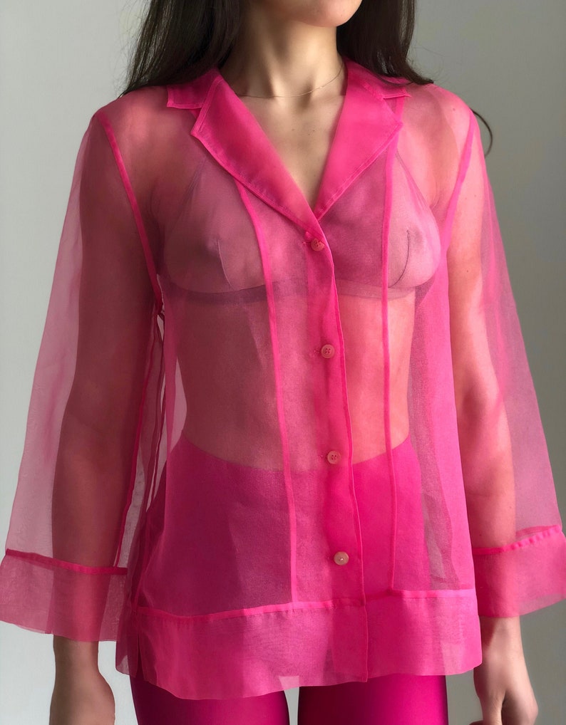 Vintage organza blouse top Pink sheer blouse button up long sleeve collared See through shirt women SM size