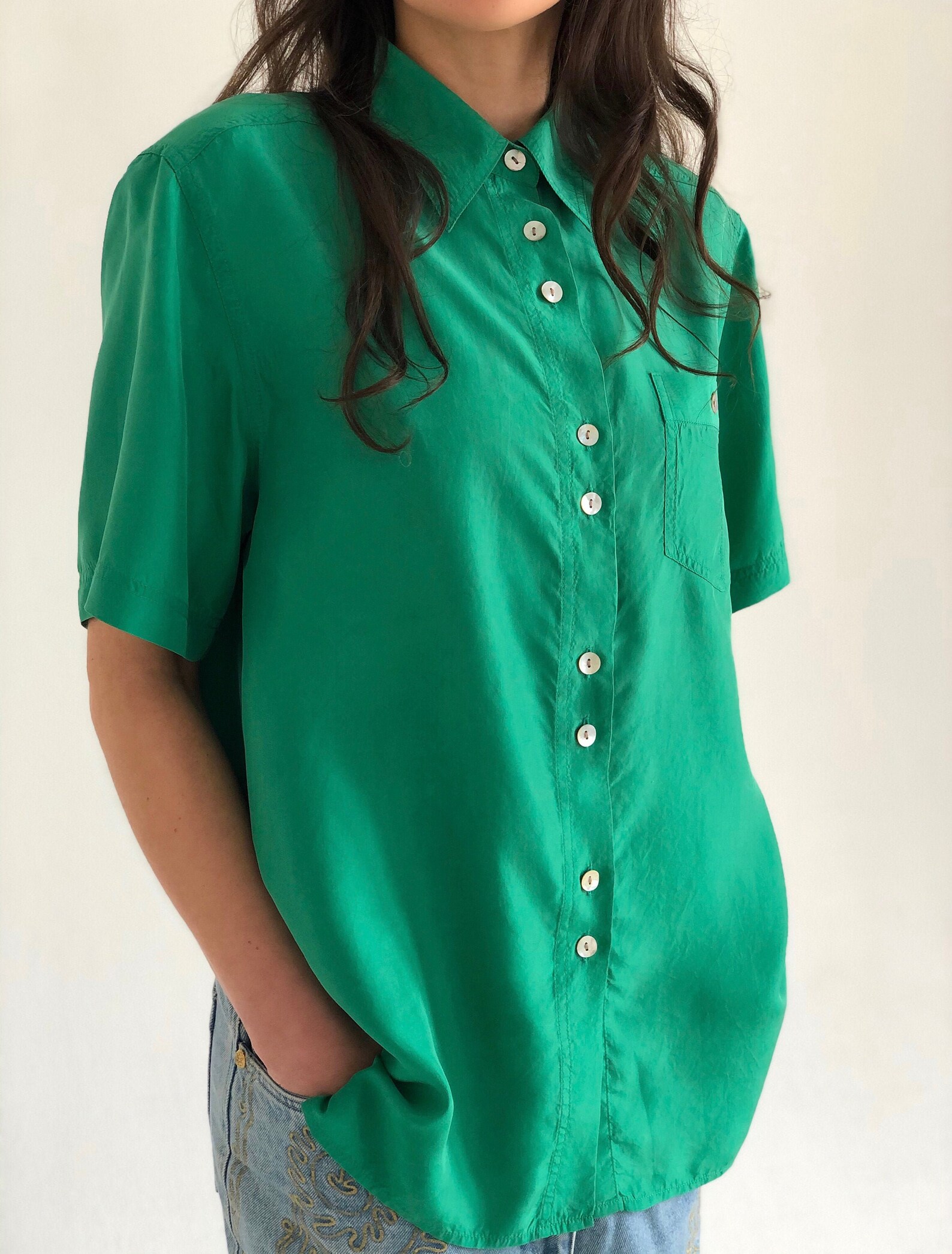Chemisier vintage de chemise en soie vert émeraude Minimal Etsy