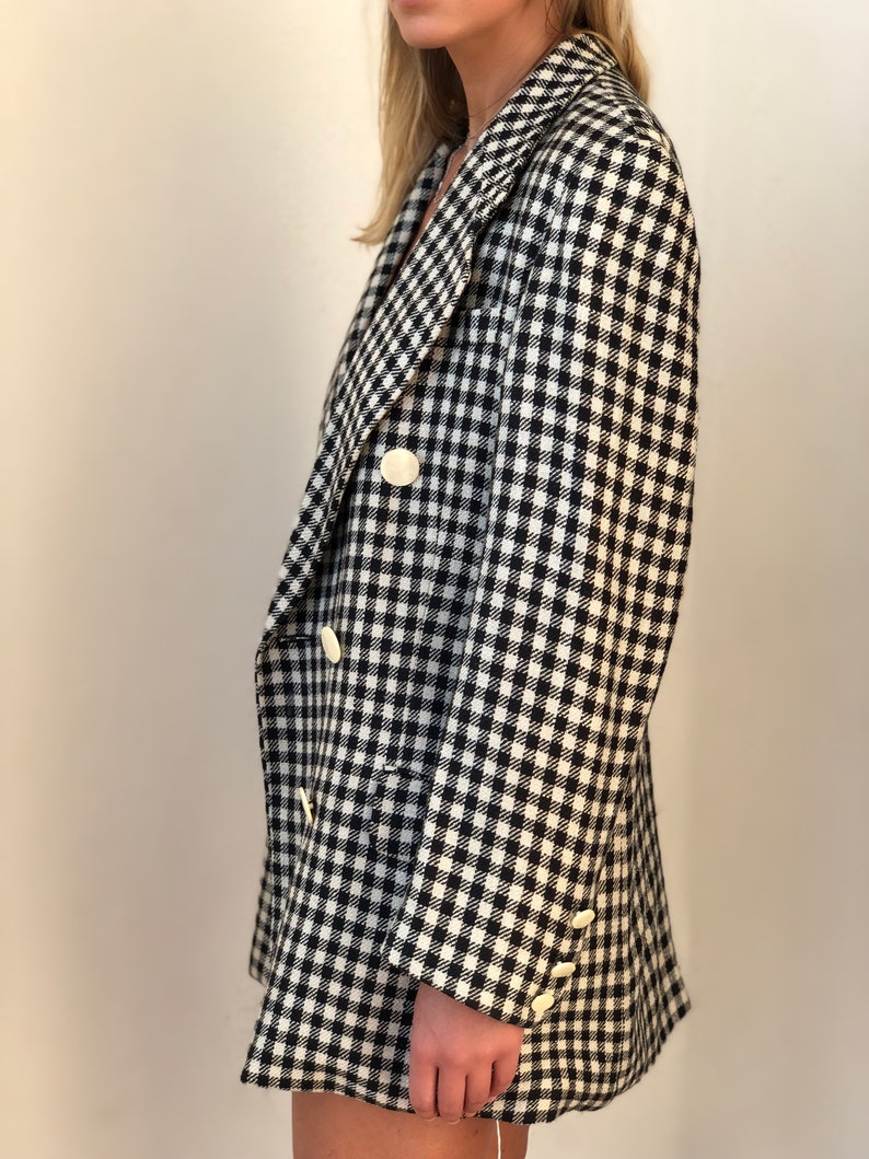 Vintage Black and white checkered long blazer Double breasted Etsy