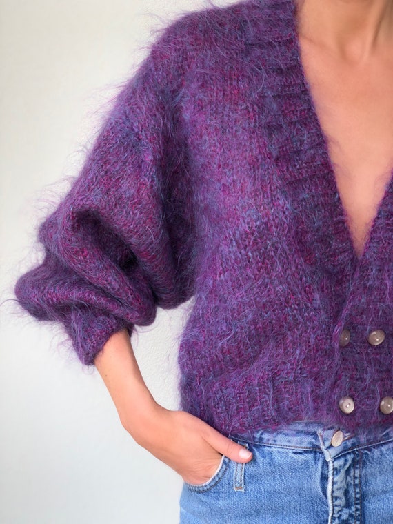 Vintage fluffy mohair knit cardigan cropped Purple