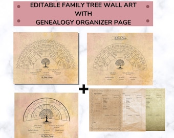 Bundle Genealogy Organizer with Family Tree Chart 9 Templates | Ancestry Printable Planner Insert Pages with Family Tree Wall Decor Canva