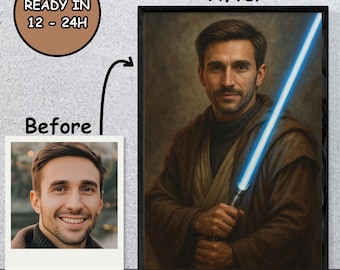 May include: A framed portrait of a man in a brown robe holding a glowing blue lightsaber. The image is a digital art piece. The words "Before" and "After" are displayed with an arrow pointing from a photo to the portrait. The text "READY IN 12 - 24H" is in a circle.
