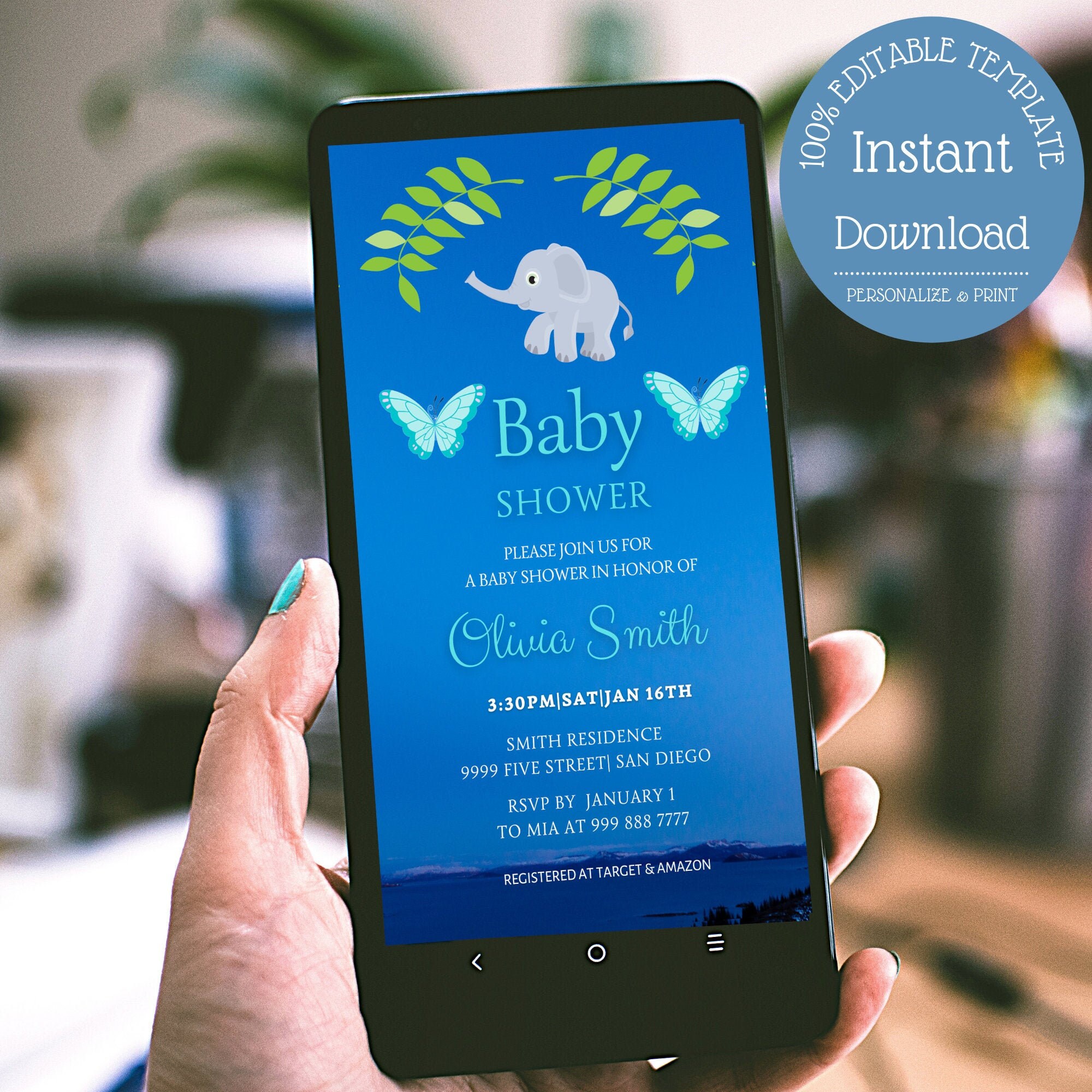 Baby Shower Evite, Blue Elephant Baby Shower Invitation Digital