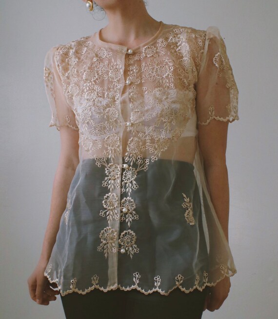 Vintage Floral Puff Sleeve Organza