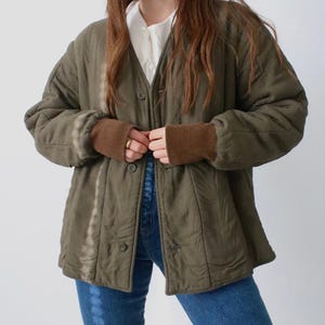 Vintage Quilted Army Jacket Olive Green Liner Coat Lightweight Military Style Utility Puffer Unisex Streetwear Layered Fit