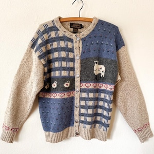 Vintage Sheep Cottage Wool floral Cardigan Eddie Bauer size Small medium large