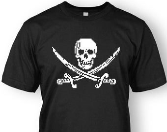 8-Bit Piracy T-Shirt UNISEX / MEN Pixel Skull and Crossbones Top Tee