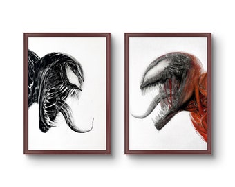 Venom + Carnage DUO Art Prints, Pencil Drawing, Marvel Art Decor, Character Wall Art, Movie Posters, Horror Gift, Venom Let There Be Carnage